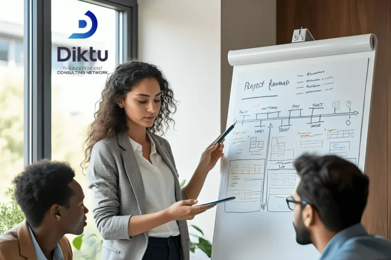 Un gruppo di professionisti riunito in un ufficio moderno per pianificare come assumere consulenti freelance qualificati tramite la piattaforma DIKTU