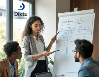 A professional corporate team collaborating in a bright office to hire freelance consultants for strategic projects via DIKTU