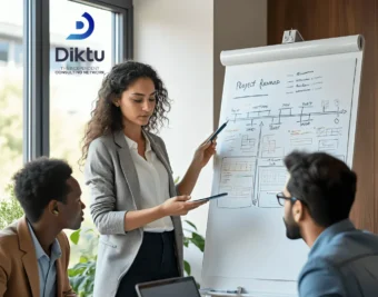 A professional corporate team collaborating in a bright office to hire freelance consultants for strategic projects via DIKTU