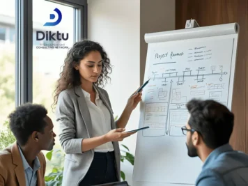 A professional corporate team collaborating in a bright office to hire freelance consultants for strategic projects via DIKTU