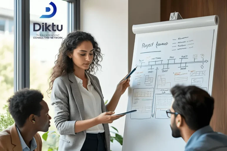 A professional corporate team collaborating in a bright office to hire freelance consultants for strategic projects via DIKTU