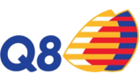 Q8 logo with colorful striped abstract shape